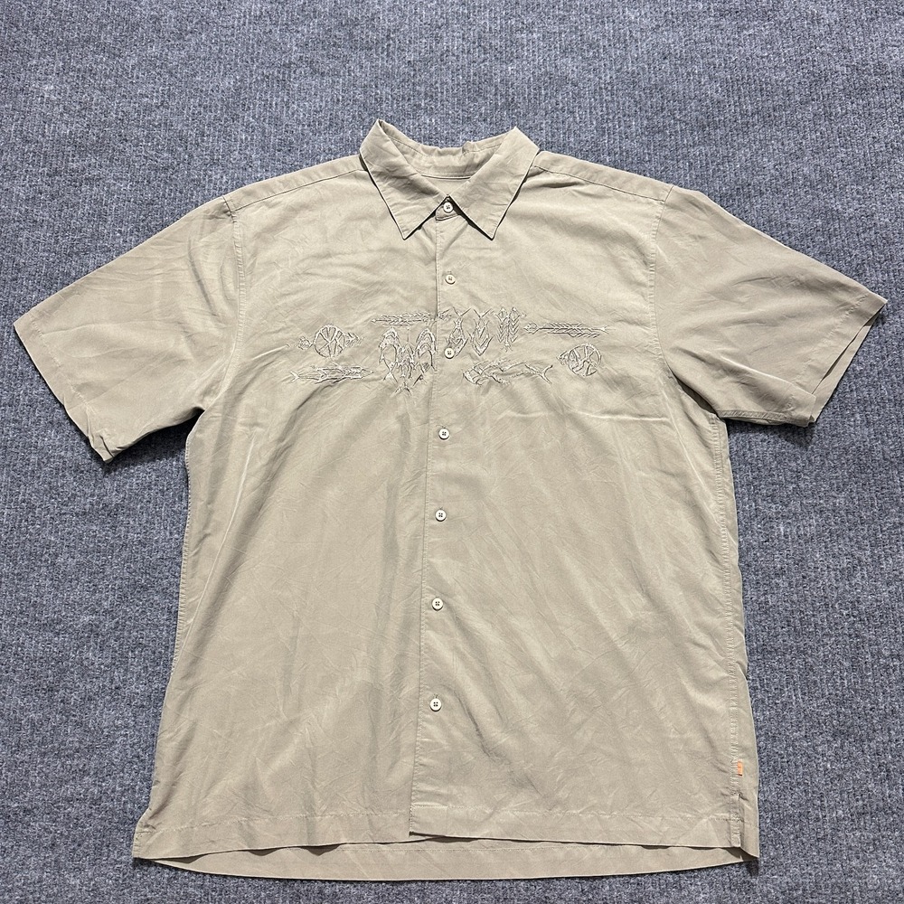Quicksilver Mens Button Up Shirt Size XL Beige Embroidered Outdoor Short Sleeve